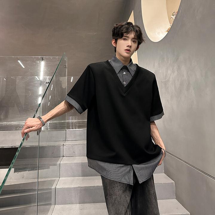 假两件撞色拼接垫肩短袖男夏季高级感正肩T恤宽松POLO衫半袖上衣