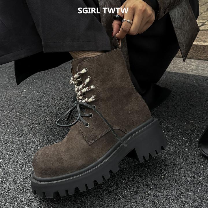 SGIRL TWTW真皮厚底帅气百搭大头绑带马丁靴女靴时尚低筒短靴子潮