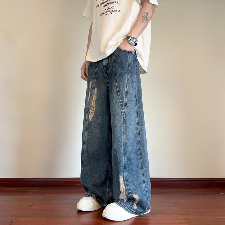 美式复古破洞拼接牛仔裤男女潮牌设计感宽松解构百搭直筒阔腿长裤
