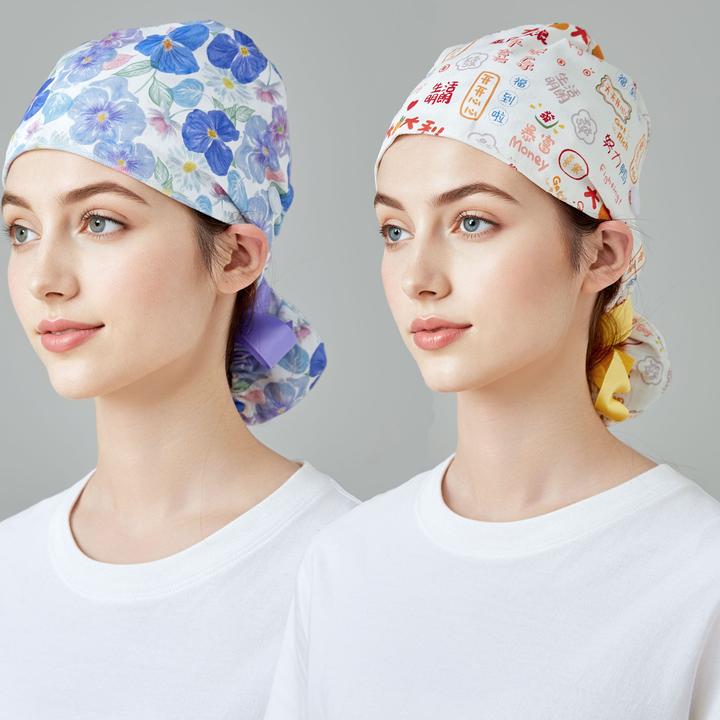 蝶尾帽女医生护士长发绑带美容餐饮酒店工厂防落发全棉印花工作帽