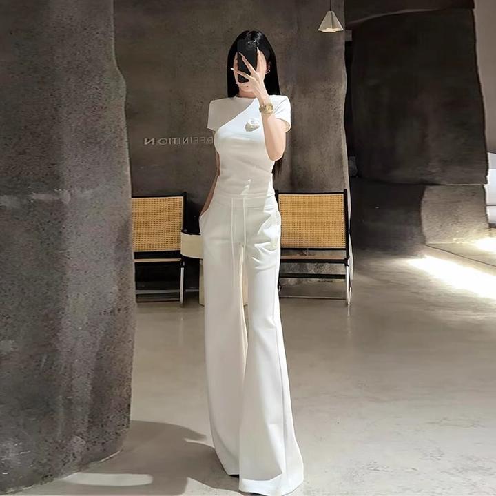 白色短袖休闲运动套装女夏季时尚减龄气质高腰阔腿长裤两件套洋气