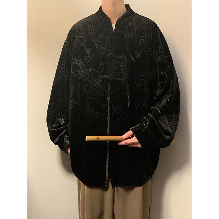 中国风男装唐装太极服秋冬季新中式龙纹提花中山装宽松高级感外套