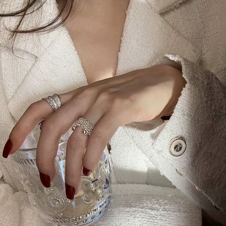 铜合金戒指 高级感小众925纯银戒指女 褶皱肌理软链条设计感指环