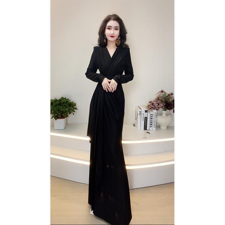 2025秋冬新款气质名媛风设计感V领长袖收腰显瘦百搭连衣裙61776