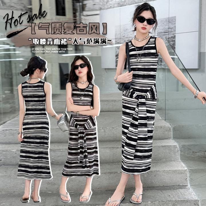 儿童装女童夏季无袖连衣裙2025新款冰丝麻松弛美式假两件连衣裙