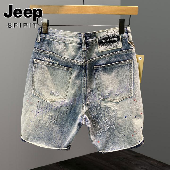 Jeep吉普高街破洞牛仔短裤男宽松直筒补丁中裤夏季休闲透气五分裤