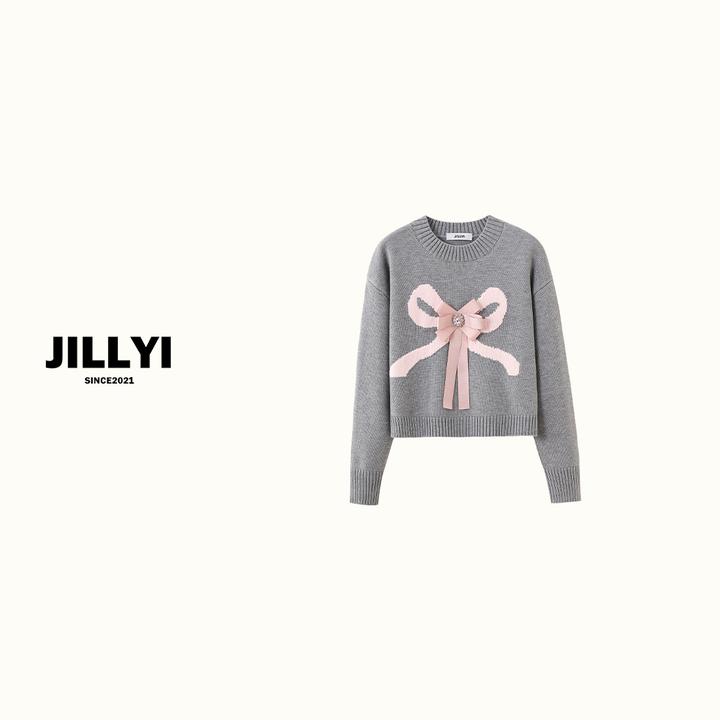 JILLYI南山店【情迷蝴蝶】时尚休闲百搭套头纯色圆领蝴蝶结长袖针织