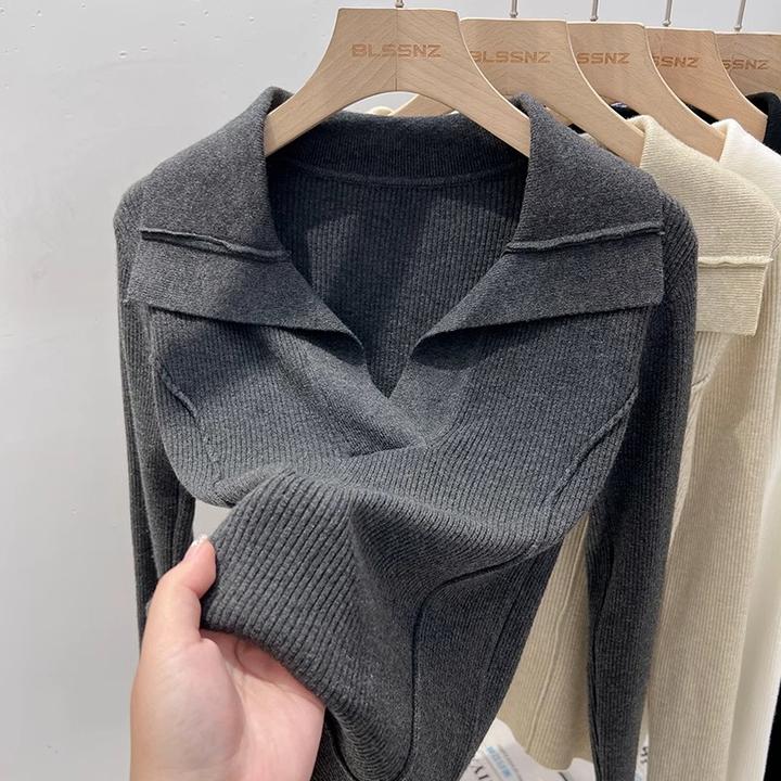 polo领设计感针织衫女春秋季2025新款翻领毛衣打底衫内搭鱼骨上衣