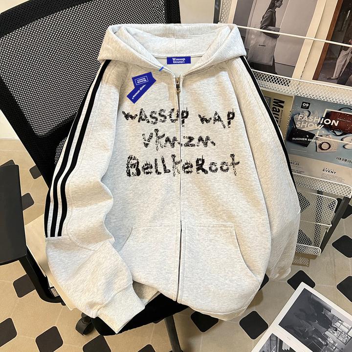 潮牌街头重磅连帽卫衣男2025新款cleanfit百搭短宽三条杆拉链外套