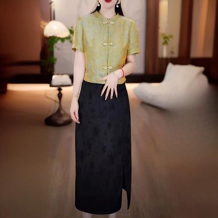 2025夏季新款新中式贵妃金偏光缎面小衫黑色暗纹半裙两件套