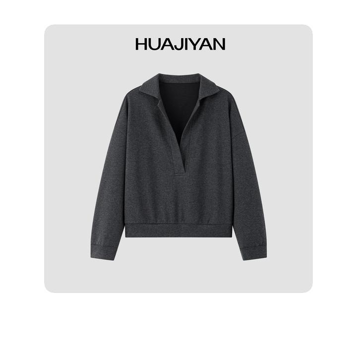 华吉言/HUAJIYAN【心扉】澳毛混纺宽松半开襟深V长袖上衣
