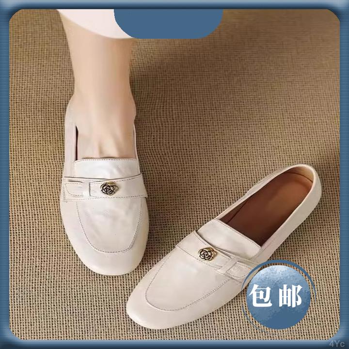 复古英伦风小皮鞋女平底单鞋2025新款一脚蹬懒人米白色乐福鞋显瘦