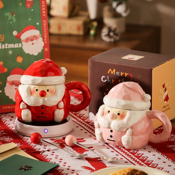 潮流圣诞老人马克杯釉下彩陶瓷水杯办公室情侣咖啡杯带盖生日礼物