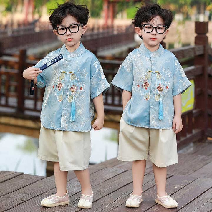 汉服男童夏季新中式中国风短袖套装儿童高端小众礼服宝宝古装唐装