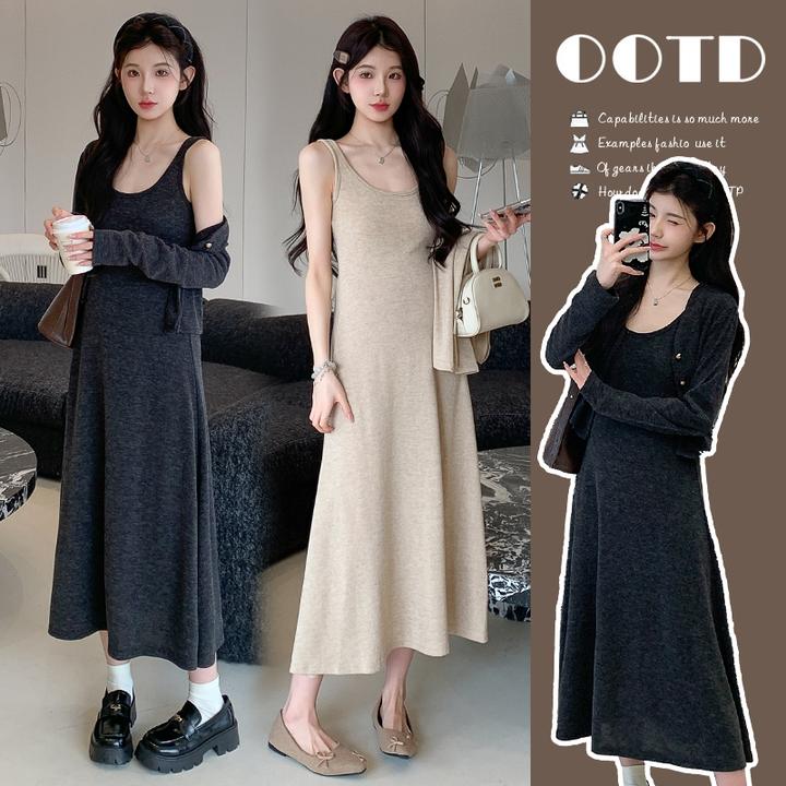 秋季2025新款韩版时尚高级感孕妇装女气质减龄开衫背心裙精致套装