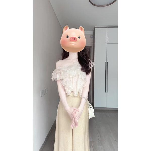 法式荷叶边不规则性感斜领衬衫纯欲温柔风夏休闲上衣小衫长裤套装