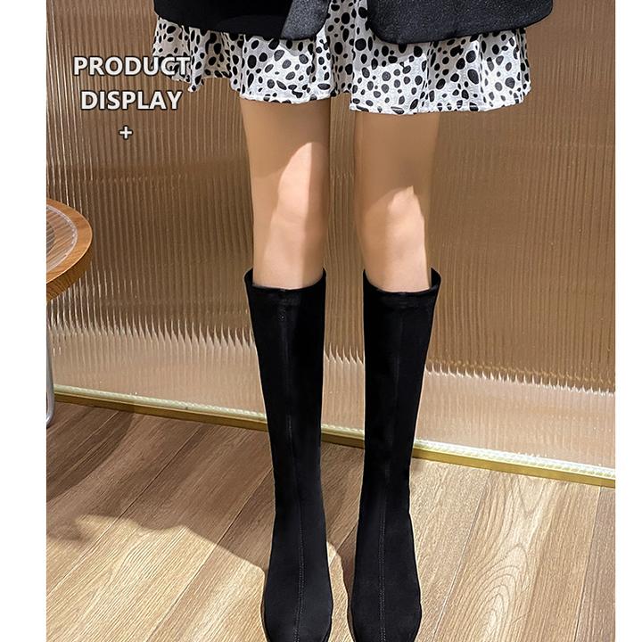 粗跟长筒靴子显瘦方头小个子单靴法式秋冬弹力靴后拉链弹力长筒靴