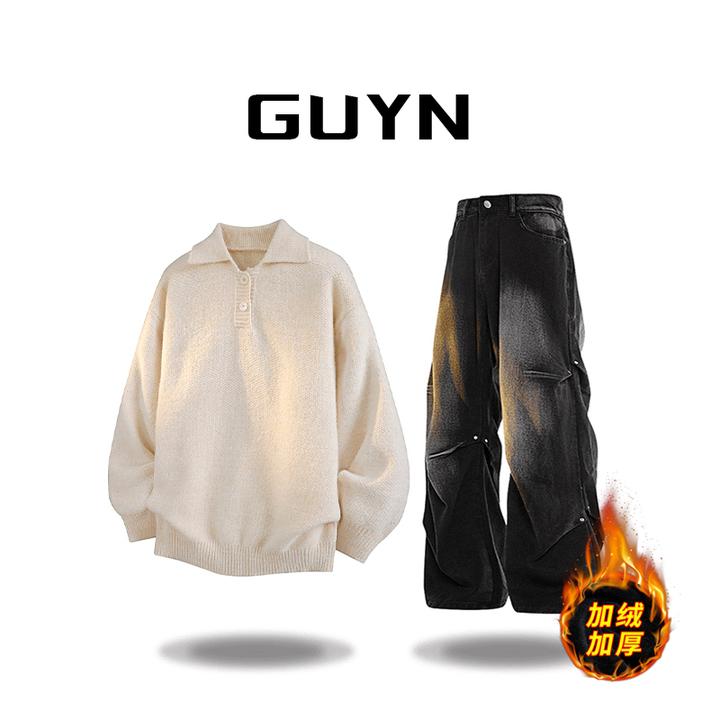 【品牌正品现货】GUYN秋冬季老钱风翻领套头针织衫男士保暖毛衣套装