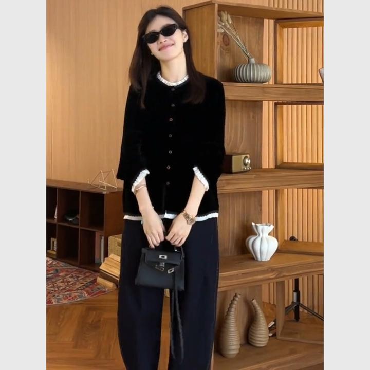 黑色木耳边拼接丝绒衬衫秋季大码女装轻奢减龄高端大气上档次上衣