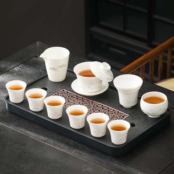 远山悬停盖碗白瓷功夫泡茶杯器具套装高端全套办公室家用茶盘整套