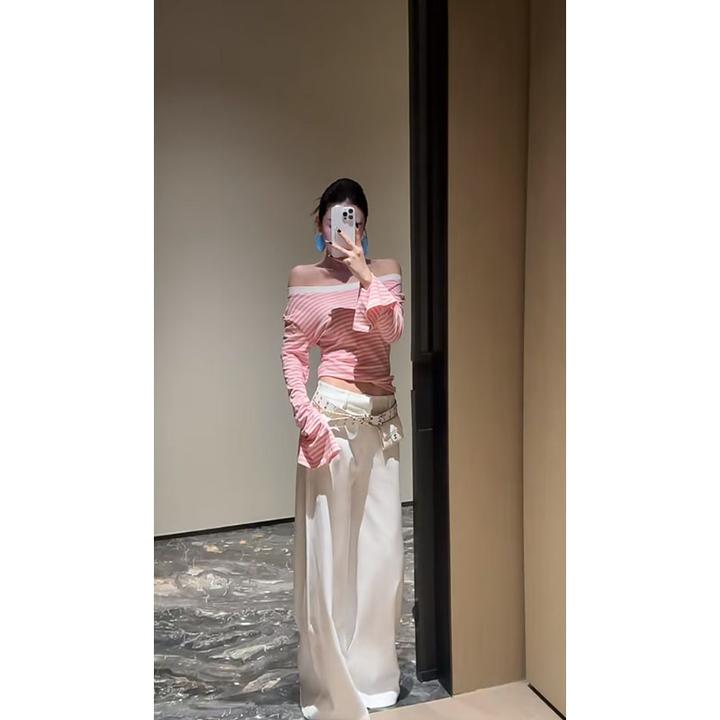 夏季新款休闲百搭时尚洋气高级感小众条纹一字肩上衣高腰阔腿裤女