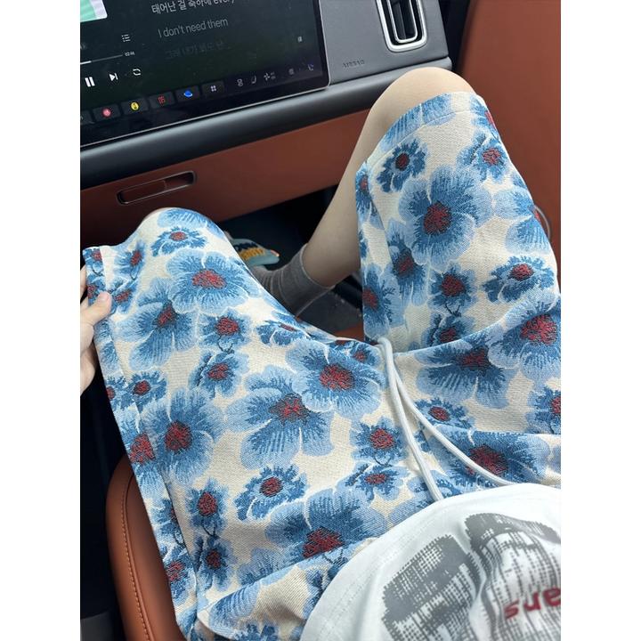 夏威夷蓝色花卉印花冰丝短裤男夏季美式重磅透气沙滩裤直筒五分裤