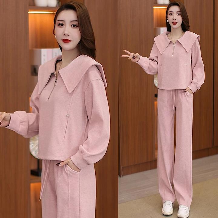 2025春季新款时尚休闲运动套装娃娃领半拉链气质卫衣阔腿裤两件套