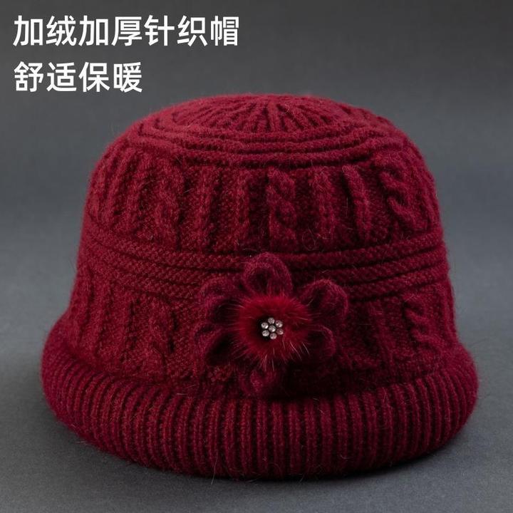 冬天老年人帽子送奶奶加绒厚保暖防寒毛线帽中老年妈妈新年棉帽