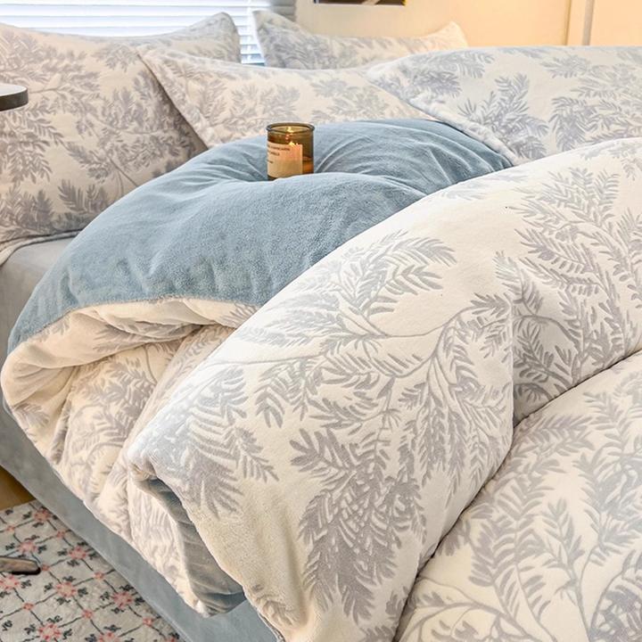 冬季加厚雕花牛奶绒四件套珊瑚法兰绒被套床单三件套宿舍加绒床品