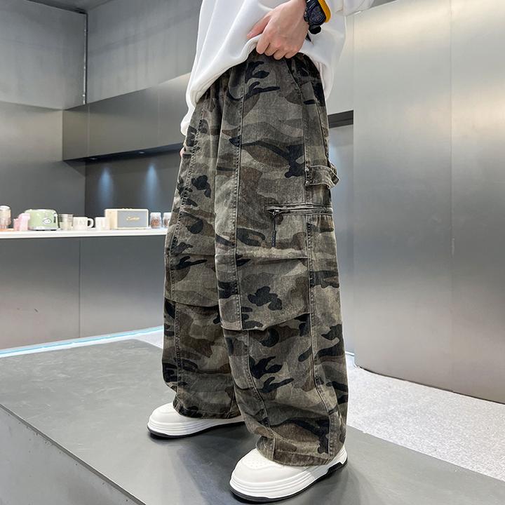 男童复古港风迷彩工装裤春秋款2025新款儿童帅气休闲直筒裤中大童