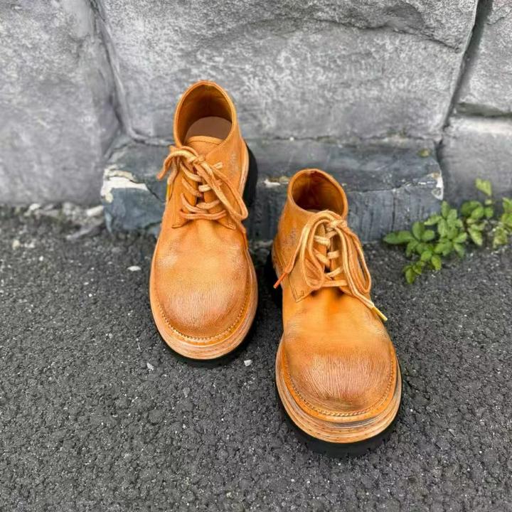 力SF 2025原创新款纯手工复古系焦糖橙圆头百搭系带马皮鞋男女款