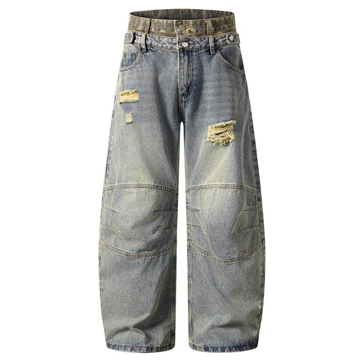 日系复古做旧水洗宽松潮酷青少年拼接双腰头阔脚牛仔裤欧美中性风