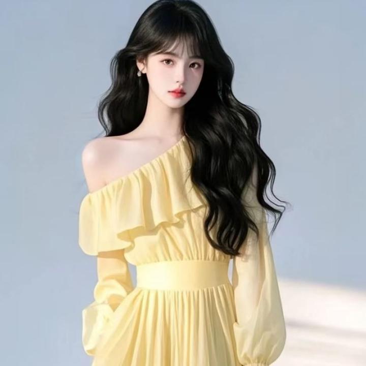 SS598春装多巴胺绝美小裙高级感小香风黄色荷叶领斜肩连衣裙女