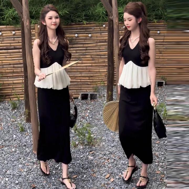 时尚套装裙女2025夏季新款高级感网纱拼接上衣后开叉半身裙两件套