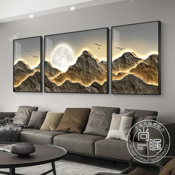 新中式客厅装饰画背有靠山沙发背景墙壁现代轻奢三联挂画2024新款