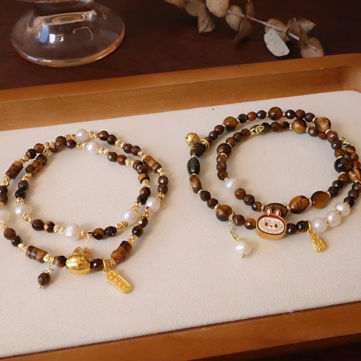 高级感虎眼石labubu珍珠手链双圈美拉德系焦糖色叠戴时尚手串摆件