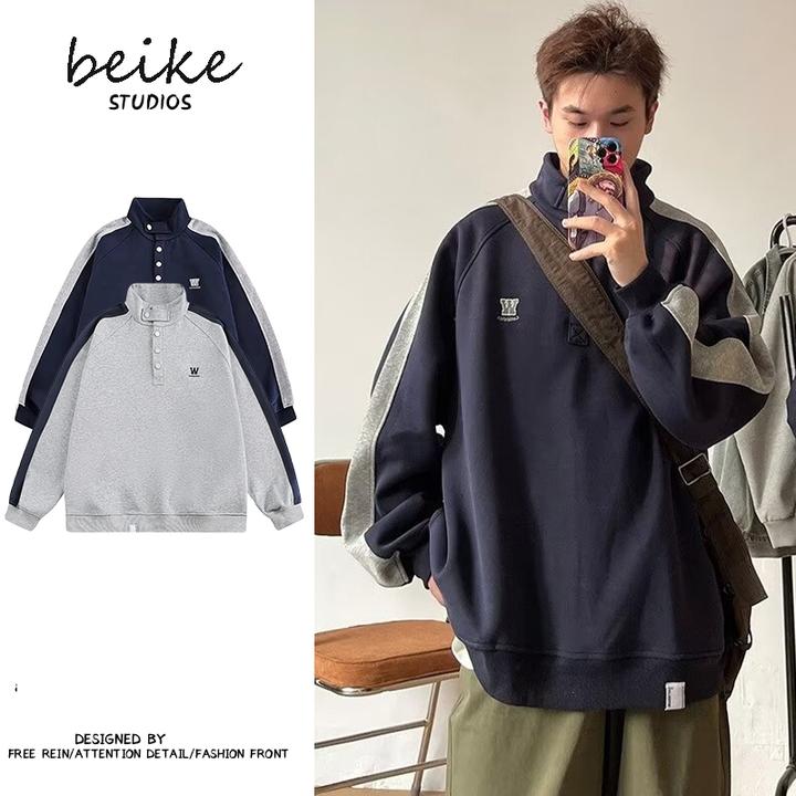 春秋美式复古拼接立领休闲卫衣情侣日系宽松男生女套头卫衣重磅
