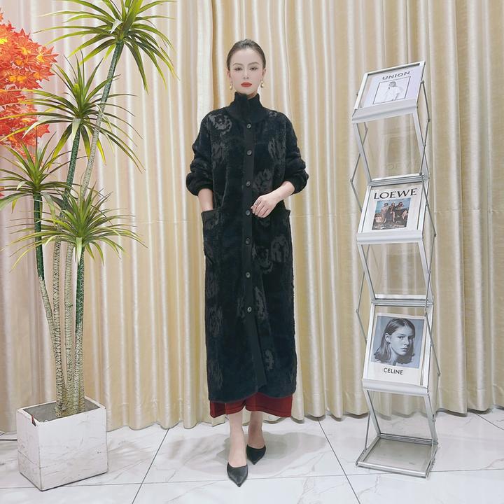 A119黑灰纹气质女士设计师秋冬长款轻奢宽松针织开衫复古百搭