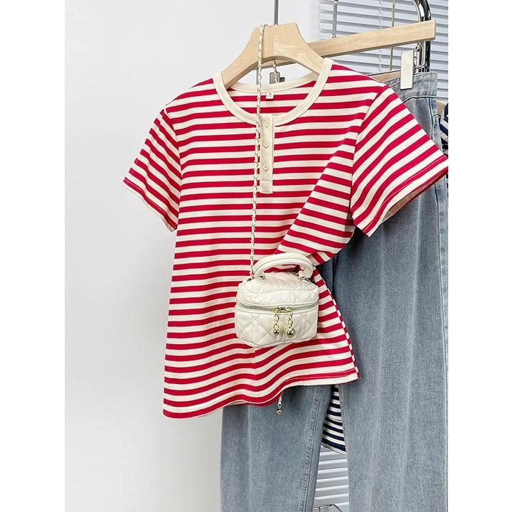 宽松韩版百搭条纹短袖t恤女士纯棉2025新款显瘦休闲外穿圆领上衣