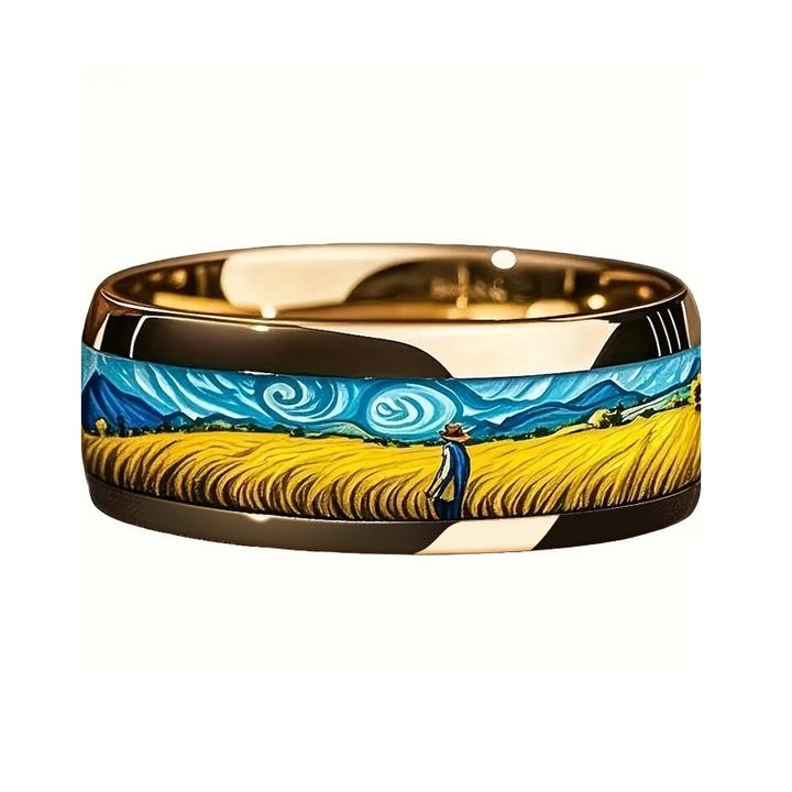 钛钢戒指 星空麦田梵高艺术戒指设计情侣款高级感经典