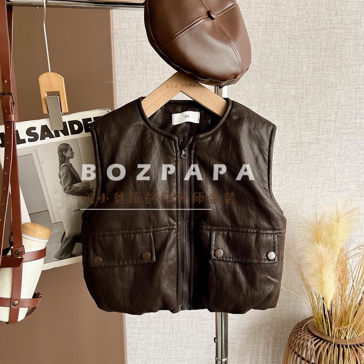 啵小爸【无畏征途】2025冬季新款男童宝宝韩系潮酷夹棉皮马甲单件