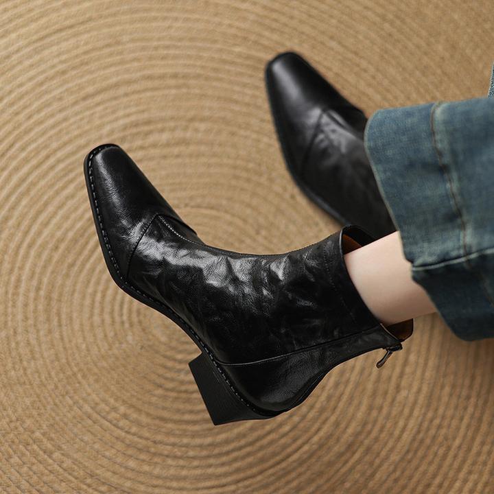 头层羊皮~5.5cm真皮粗跟短靴女瘦瘦靴复古手抓纹真皮方头马丁靴子