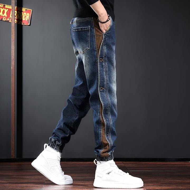 怀旧拼接牛仔裤男美式工装复古束脚哈伦裤秋冬季新款休闲裤子百搭