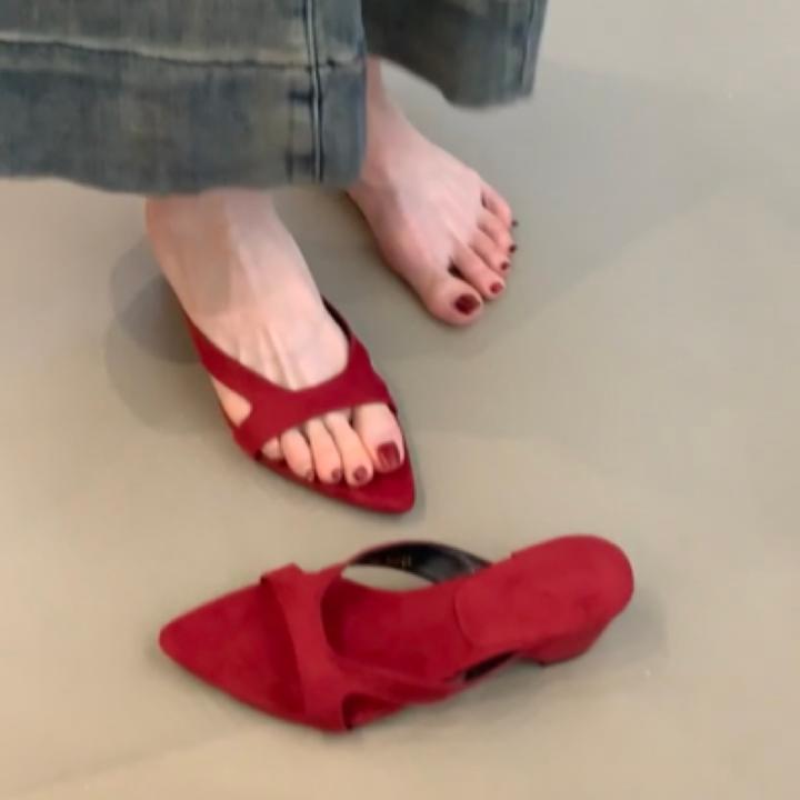 25-16法式小众露趾尖头绒面拖鞋外穿配裙子坡跟绝美凉拖