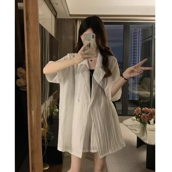 大码女装夏搭配一整套胖mm高级感薄款雪纺衬衫西装外套短裤两件套