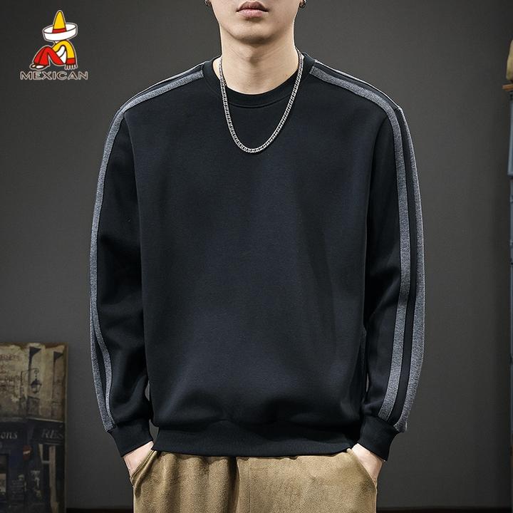 Mexican/稻草人春季新款拼色条纹卫衣男美式长袖圆领打底衫上衣潮