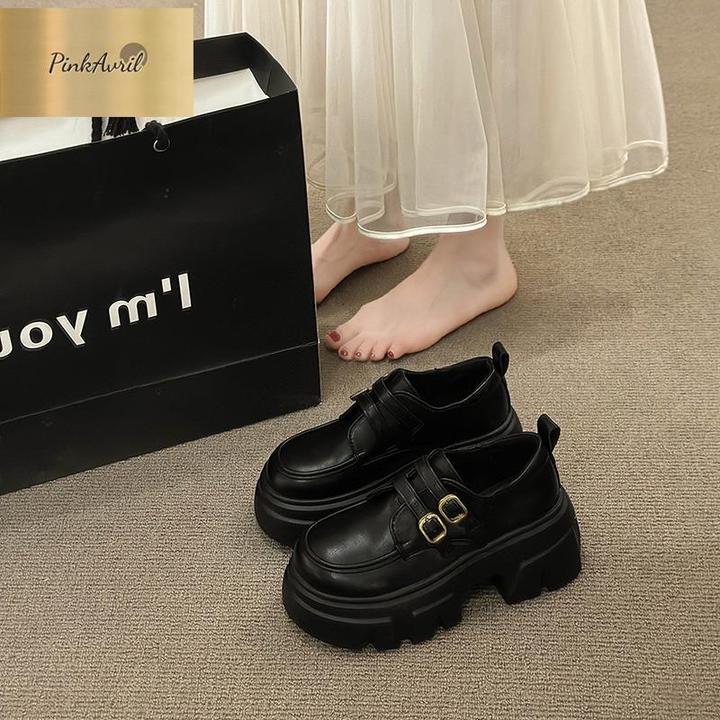 PinkAvril英伦风小皮鞋女2025秋季新款百搭厚底增高休闲黑色单鞋