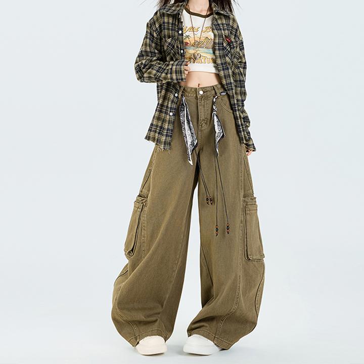 拉夏贝尔美式复古辣妹工装裤女秋高街设计感弯刀裤宽松显瘦牛仔裤