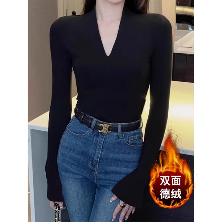 黑色V领打底衫女秋冬季加绒加厚纯欲正肩紧身长袖T恤内搭修身上衣