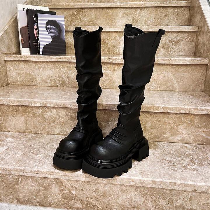 马丁靴褶皱堆堆靴不过膝靴机车靴厚底松糕长筒靴美拉德小个子女鞋